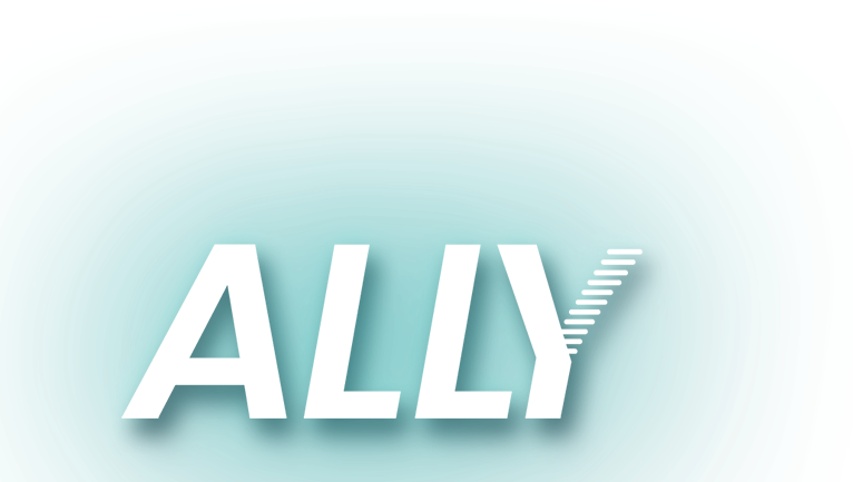 A blue and white logo with the word ally on it.